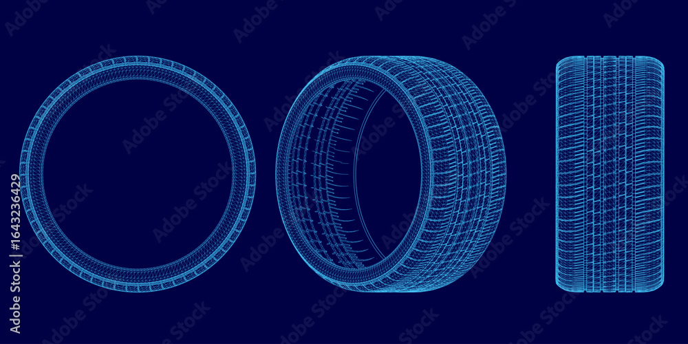 Poster three 3d wireframe tires arranged in a triangular formation on a deep blue background. the largest t