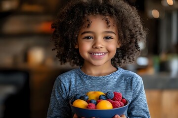 Young African American girl with curly natural hair holding colorful bowl of fresh fruits including mango, berries and citrus in modern kitchen setting.