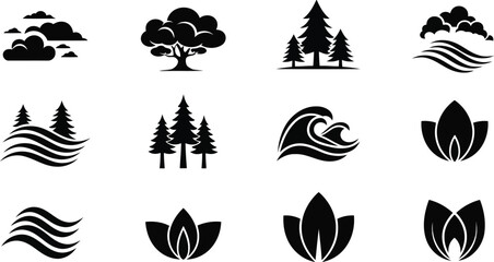 Set of 12 Nature-Themed Icons – Black and White Vector of Trees, Leaves, Clouds, and Waves