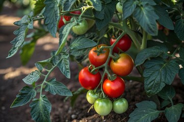 Closeup of a tomato plant with ripe and unripe tomatoes growing in the garden, showcasing the beauty of nature and the freshness of homegrown produce