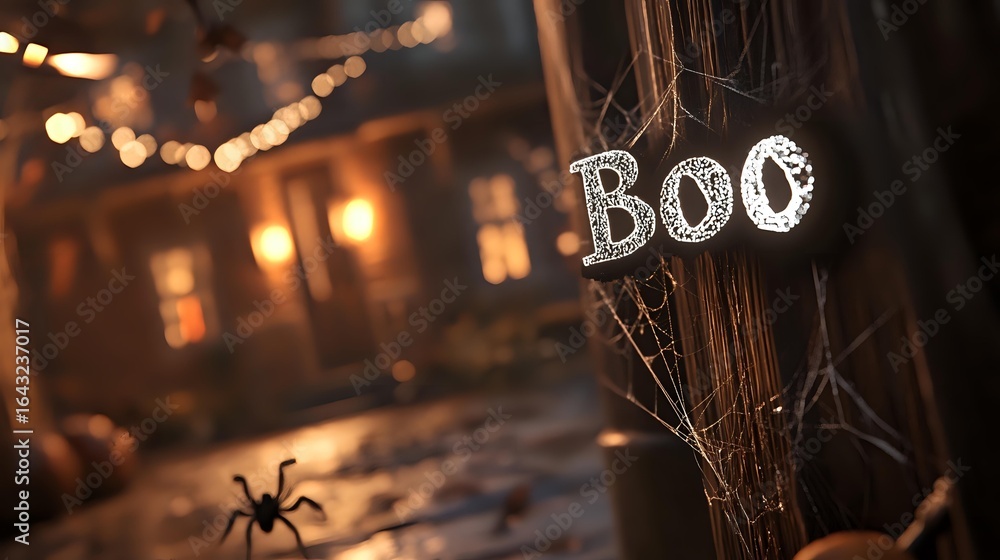 Poster spooky halloween scene with glowing boo text and spider silhouette against dark atmospheric backgrou