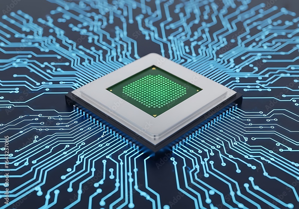 Poster a detailed computer processor chip with a green glowing surface, set against a backdrop of intricate