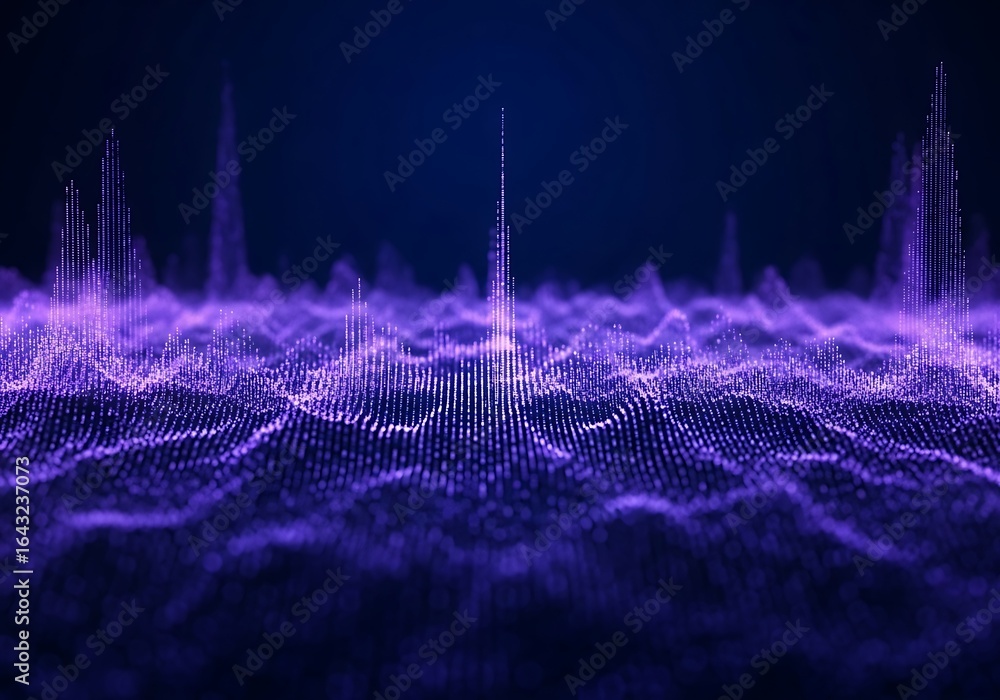 Poster an abstract visualization of a sound wave or data stream, depicted as glowing purple particles and p