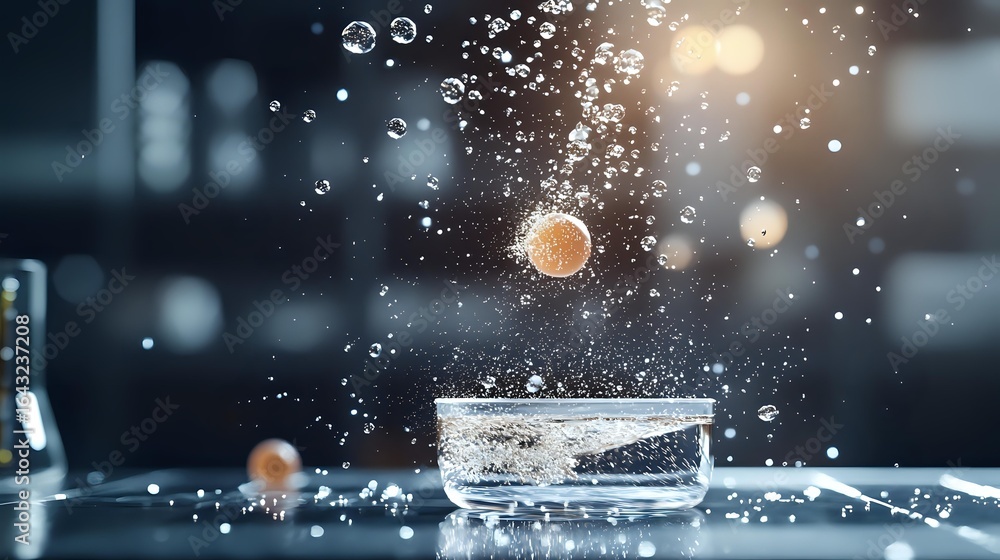 Poster effervescent tablet splashing into glass of water with dynamic water drops and bokeh lights creating