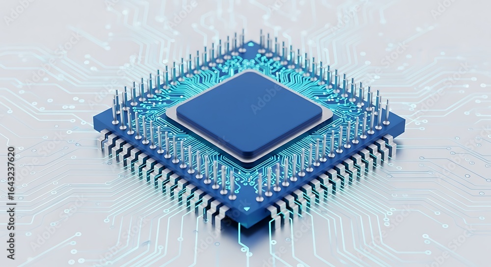 Poster a blue central processing unit cpu chip with numerous pins, symbolizing advanced computing technolog