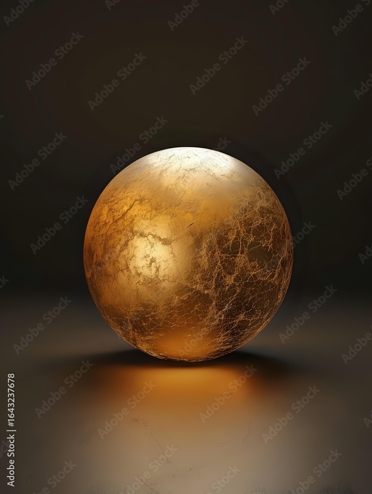 Poster glowing golden sphere with textured surface and mysterious illumination on dark background, creating
