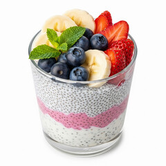 Chia Pudding with Banana, Strawberries, and Blueberries on White Background