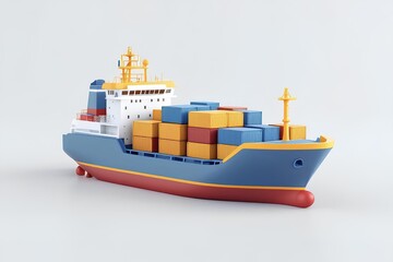 Minimalist 3D Render of a Cargo Container Ship for Global Shipping and Logistics