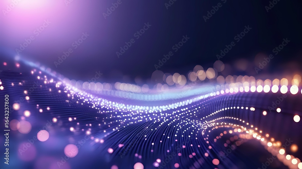Poster glowing digital wave with sparkling particles and bokeh lights on dark background creates futuristic