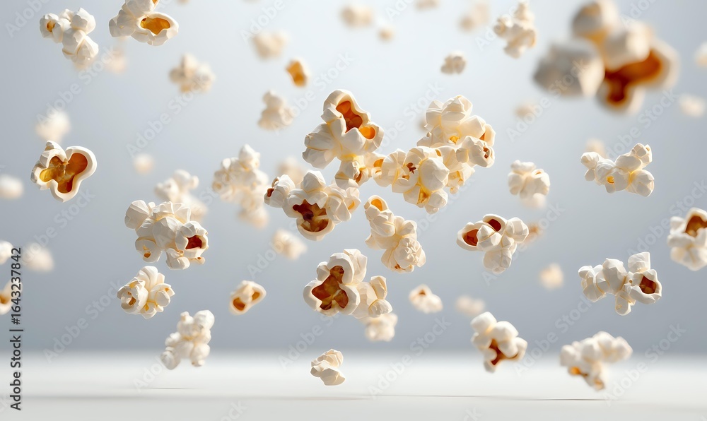 Poster fresh popcorn kernels floating in air against light background, dynamic food photography showing mul