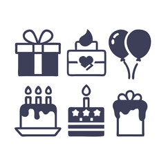 Simple birthday icons set: cake, gift, balloons, calendar, and decorations
