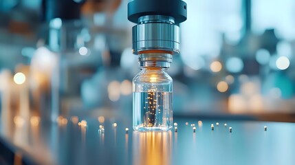 Medical glass vial with vaccine or medicine in laboratory setting with blurred bokeh lights background, close-up view showing liquid medication and metal cap.
