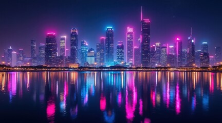 Fototapeta premium Vibrant neon cityscape reflected in water at night