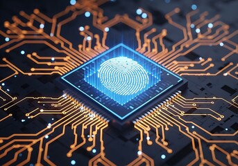 A central processing unit cpu with a fingerprint scan on its surface, set against an orange circuit board, representing biometric security and advanced technology