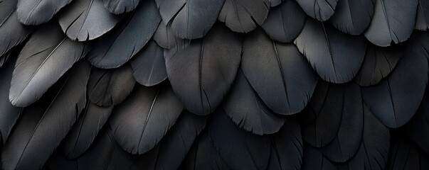 Collection of black chicken feathers, arranged artistically to highlight the elegance and complexity of their structure, Generative AI