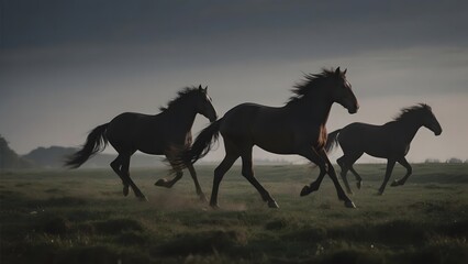 Three horses galloping freely across a misty field at dawn