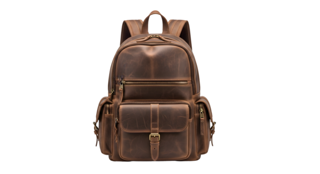 Brown leather backpack with multiple pockets and straps, isolated on transparent background