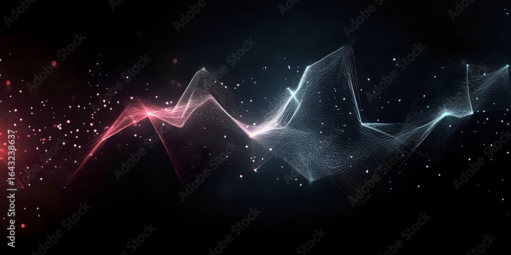 Poster abstract digital wave visualization with glowing red and blue light effects against dark background,