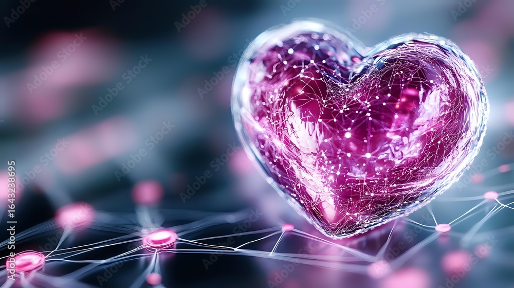 Poster glowing pink heart shape with network connections on dark background, floating in digital space with