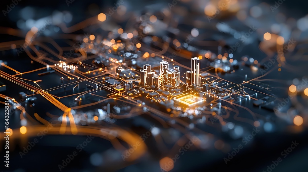 Poster glowing orange circuit board with futuristic microchip architecture and bokeh light effects, macro v