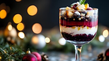 Layered dessert with black rice, cream, berries and nuts in wine glass against festive bokeh lights and Christmas decorations, elegant holiday treat.