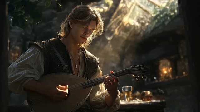 A minstrel playing a lute in a cozy tavern atmosphere