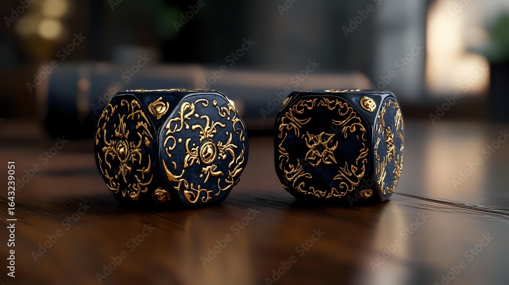Poster black gaming dice with ornate golden floral patterns and decorative elements on wooden surface in mo