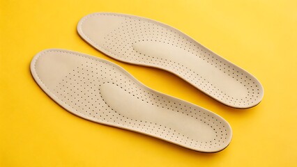 pair of breathable beige shoe insoles displayed on a vibrant yellow background, showcasing their ergonomic design and perforated surface for enhanced foot comfort.