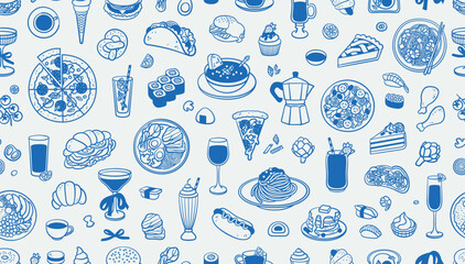 Seamless pattern of food and drinks. Line art, ink, minimalist style. Vector illustration. Food collection.
