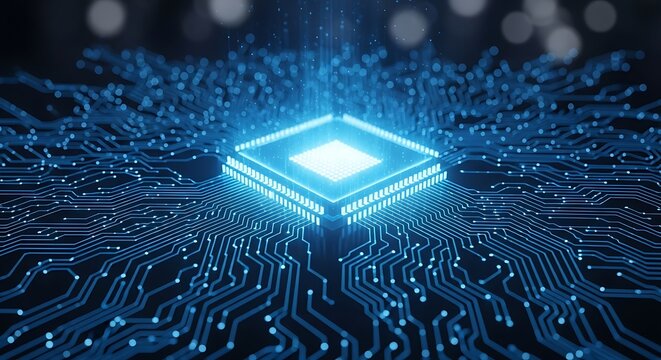 Abstract glowing blue cpu processor on a circuit board, representing advanced technology and artificial intelligence
