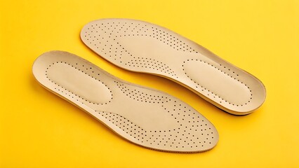 pair of breathable beige shoe insoles displayed on a vibrant yellow background, showcasing their ergonomic design and perforated surface for enhanced foot comfort.