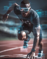 Sprinter with a glowing digital wireframe overlay and futuristic goggles.