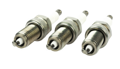 A chrome and steel electric spark plug is isolated on a white background