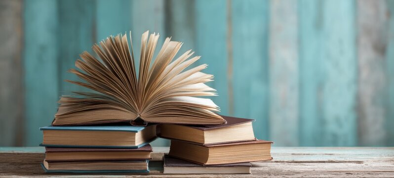 The open book resting on a stack of colorful novels on a wooden table.