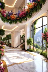 Elegant Lobby with Floral Arrangements and Scenic Mountain View