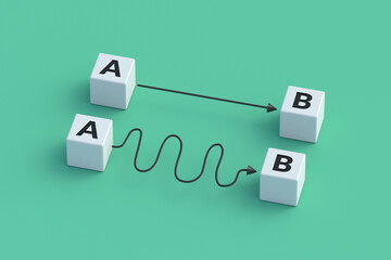 A simple and complicated way to achieve the goal. Easy and complex solution to the problem. Point a to b made from cubes. 3d render