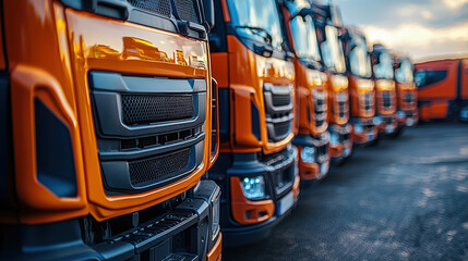 Large orange trucks stand in line logistics yard colorful sunset. trucks are positioned strategically ready for upcoming deliveries and transport activities.
