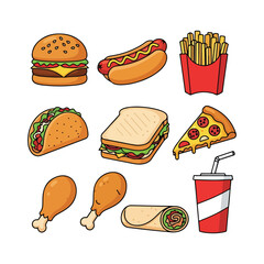 Collection of cartoon fast food items including burger hot dog french fries pizza sandwich taco fried chicken and soda cup