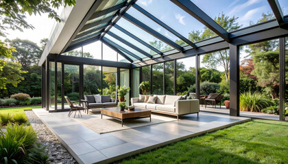 Naklejka premium Modern glass sunroom with comfortable sofa and chairs, surrounded by lush green garden and natural light
