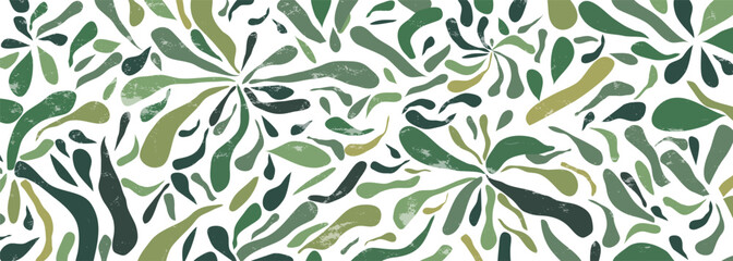 botanical green leaves background, floral and plant wallpaper, old grunge texture, nature banner , hand drawn style 