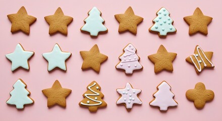 Festive gingerbread cookies in star and tree shapes arranged on a pastel pink background
