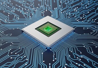 Closeup view of a central processing unit cpu on a glowing blue circuit board, representing advanced technology and data processing