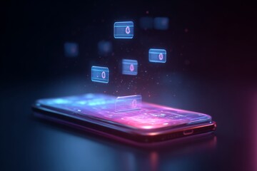 Neon-glass smartphone surrounded by floating holographic coins, cards and a wallet icon on a dark gradient.