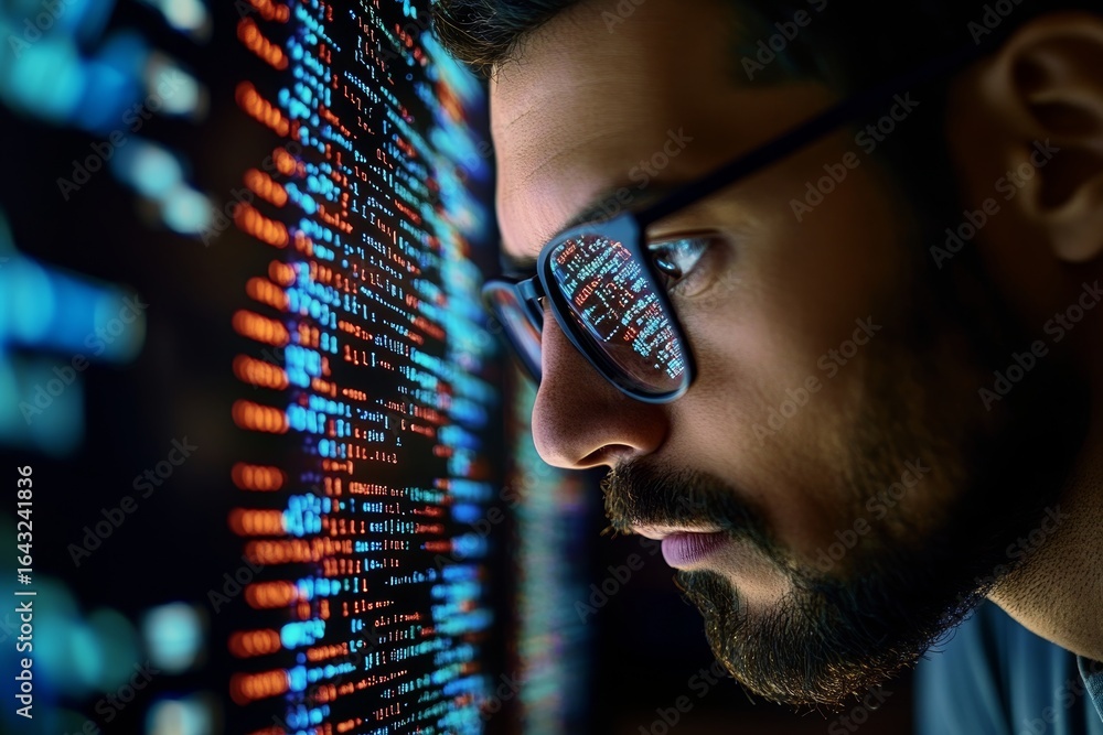 Poster a man analyzing digital data in cybersecurity abstract code and technology in action