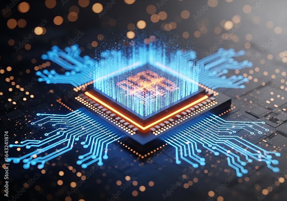 Poster central processing unit cpu with glowing blue energy radiating outwards along a circuit board, repre