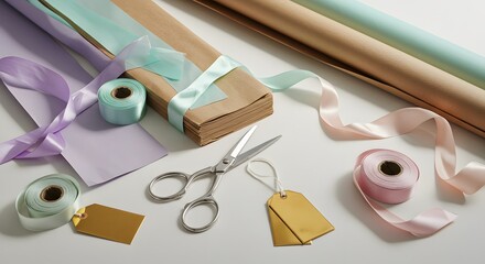 Creative gift wrapping essentials, pastel ribbons, scissors, and tags for beautiful present presentations.