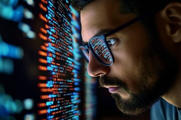 A Man Analyzing Digital Data in Cybersecurity Abstract Code and Technology in Action