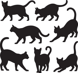 Set of black cat silhouettes showing various feline poses like walking, stretching, and standing. A vector collection of domestic pet illustrations.
