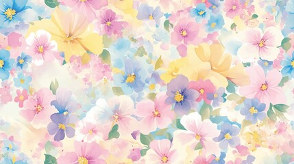 Colorful Floral Pattern with Watercolor Effects and Soft Tones