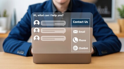 Customer Support - A businessman at a laptop, with a glowing "CONTACT US" chat window showing options for email, phone, and a chatbot